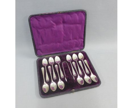 Victorian cased set of twelve silver teaspoons and matching sugar tongs, Henry Wilkinson &amp; Co, Sheffield 1880