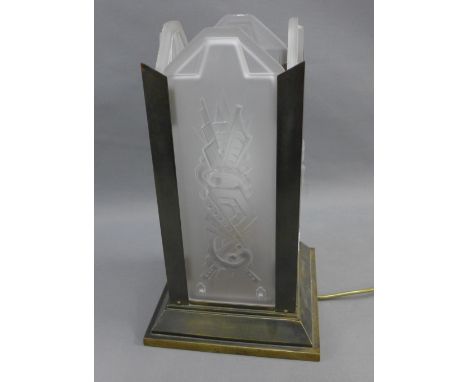 Art Deco style brass and glass table lamp, the frosted panels moulded with geometric motifs, height 39cm 