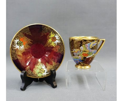 Carlton Ware 'Sketching Bird' Rouge Royale cabinet cup and saucer, (2) 