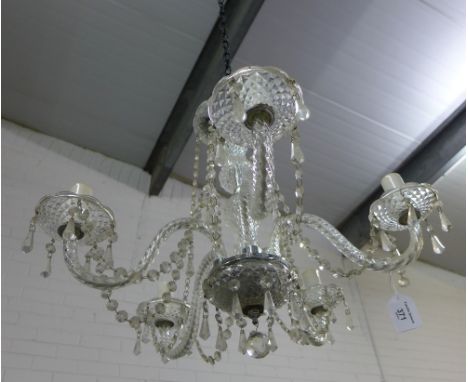 Moulded glass light fitting with five scrolling branches and lustre drops, 45cm drop