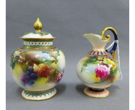 Royal Worcester porcelain jug, painted with roses, green backstamp and date code for 1910, 12cm high, together with a Hadley'