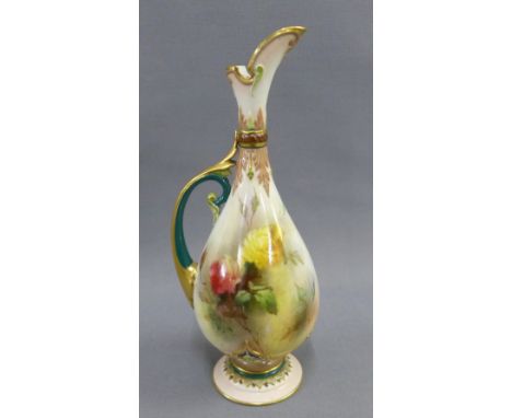 Hadley's Worcester porcelain ewer / jug, handpainted in Worcester Roses pattern, green printed backstamp and No. L10.52, 20cm
