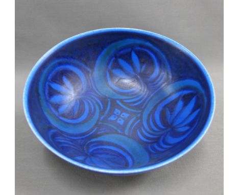 William Mycock Smith for Pilkington Royal Lancastrian blue glazed bowl painted with stylised flowers, with artists monogram a