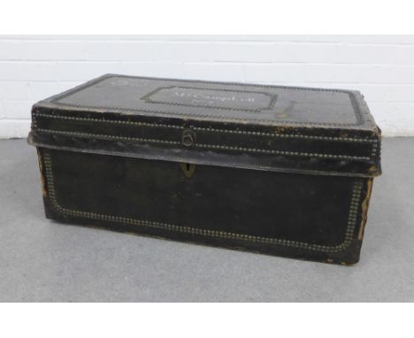 Black leather covered trunk with stud work borders, with painted name 'Mr Campbell No2' 78 x 39cm