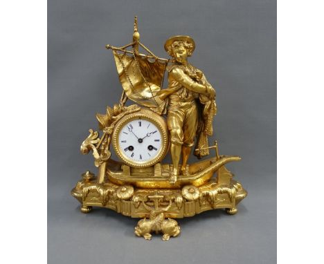 French Louis XVI style gilt metal mantle clock, case stamped PH Mourey, the enamel dial contained within a barrel and flanked