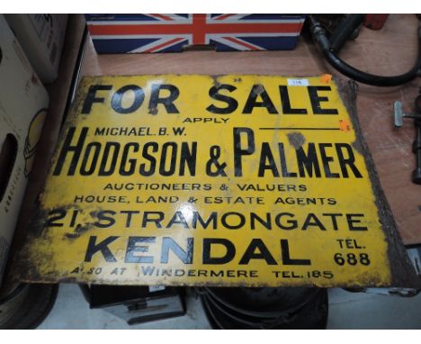 A vintage tin plate and enamel auctioneers advertising sign for Hodgson and Palmer Kendal