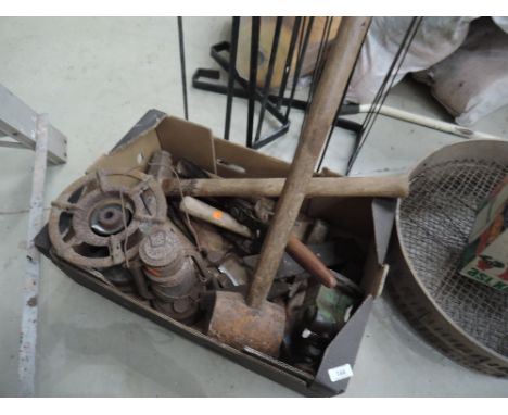 A selection of builders and similar tools including large sledge hammer