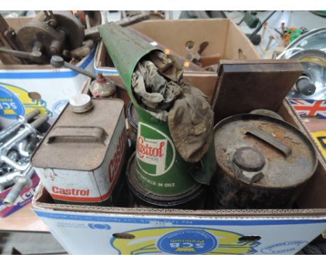 A selection of garage and motor oil fuel cans including Castrol 