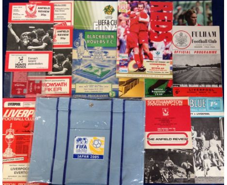 Football, Liverpool FC, a selection of approx 35 home & away programmes, newspapers, facsimile autographs etc, 1960's onwards