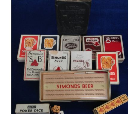 Breweriana, Simonds, 8 packs of Simonds Playing cards, a Simonds Cribbage Board, a Simonds Dice game, a wood block printing s