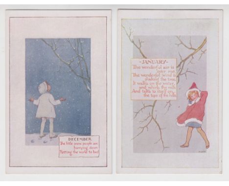 Postcards, Margaret Tarrant, Months of the Year, Jam-Dec, children scenes with verses, unusual, (Feb, with all faults, o/w gd