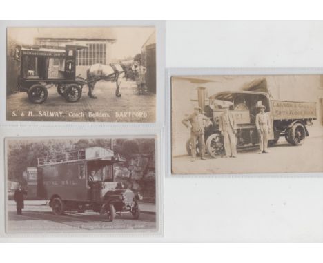 Postcards, Kent, 3 fine transport RP's, Traction Engine for Cannon & Gaze Flour Mills, Erith High Street, S & H Salway, Coach