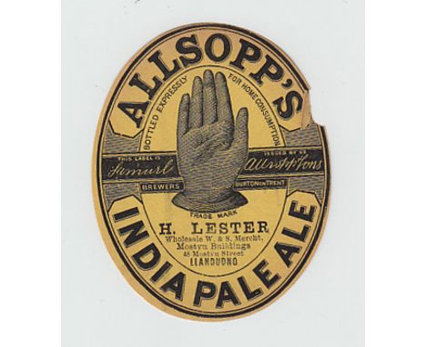 Beer label, Allsopp's, pre 1900 label, Samuel Allsopp for H Lester, Llandudno, India Pale Ale,  v.o, (sl edge damage, o/w gd)