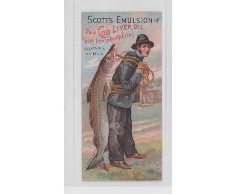 Trade card, Scott's Emulsion, advertising card showing man carrying large cod (slight corner creases o/w gd) (1)