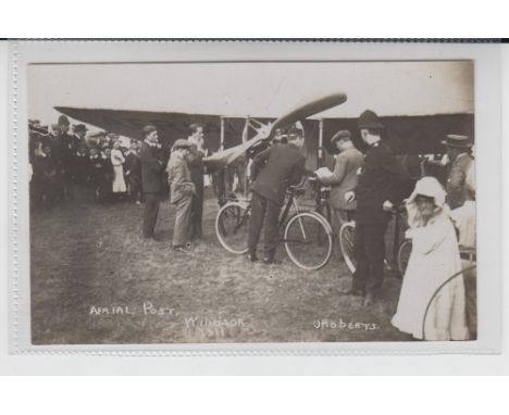 Postcard, Berkshire, First Aerial post Windsor RP photo J Roberts showing aircraft, postman and onlookers (vg) (1)