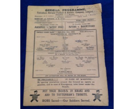 Football programmes, Tottenham v Watford, 20 November 1943 FLS & Tottenham v Chelsea 14 Oct 1944 FLS (score, scorers & tc not