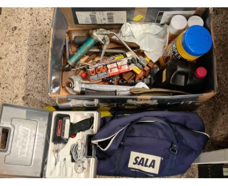 CARTON WITH HAND TOOLS, PIPE WRENCH, SMALL VICE, GREASE GUN, A WELLER SOLDERING IRON &amp; TRAVEL BAG