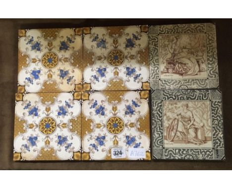 QTY OF 6 VINTAGE PATTERNED WALL TILES, 4 OF 1 PATTERN &amp; 2 OF ANOTHER