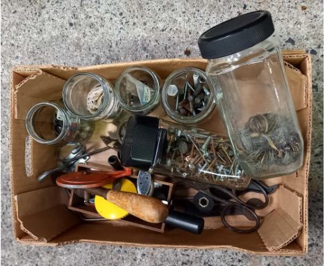 SMALL CARTON WITH MISC HAND TOOLS &amp; JARS OF NUTS, BOLTS &amp; SCREWS