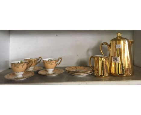 LUSTRE COFFEE POT, MILK JUG &amp; DECORATIVE ROYAL CROWN DERBY CUPS &amp; SAUCERS