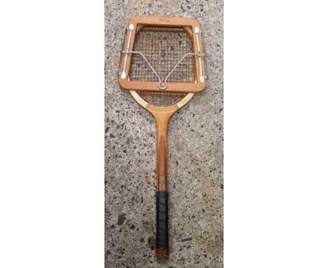 ORNATE WOOD PICTURE FRAME &amp; A DUNLOP TENNIS RACKET IN STRETCHER
