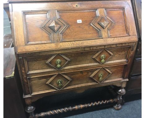 VINTAGE CARVED OAK BUREAU WITH BARLEY TWIST STRETCHERS &amp; BRASS DROP HANDLES, 3ft WIDE