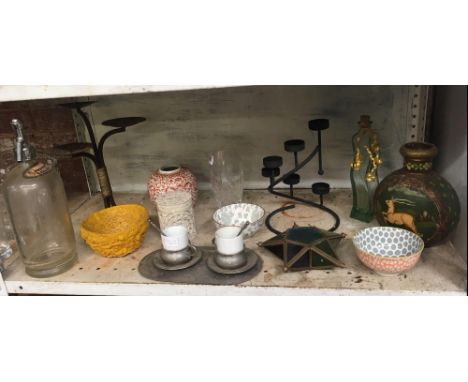 SHELF WITH VINTAGE SODA SYPHON, WROUGHT IRON CANDLE STICK HOLDERS, 2 PIECE PEWTER COFFEE SET WITH TRAY &amp; VASES