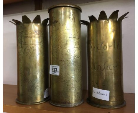 3 TRENCH ART BRASS SHELLS 