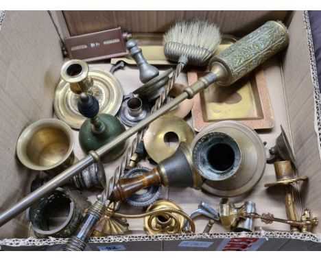 SMALL CARTON OF MIXED BRASS WARE INCL; COMPANION SET, TABLE BELLS,  CANDLE STICK &amp; OTHER BRASS WARE