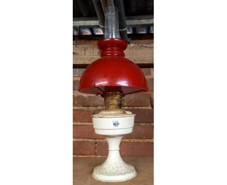 CREAM PAINTED PARAFFIN VALOR LAMP WITH RED SHADE &amp; CLEAR GLASS CHIMNEY 