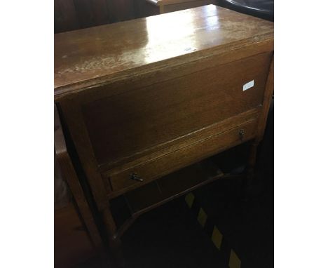 VINTAGE OAK WORK BOX ON TURNED LEGS WITH HINGED TOP &amp; DRAWER WITH BRASS DROP HANDLES