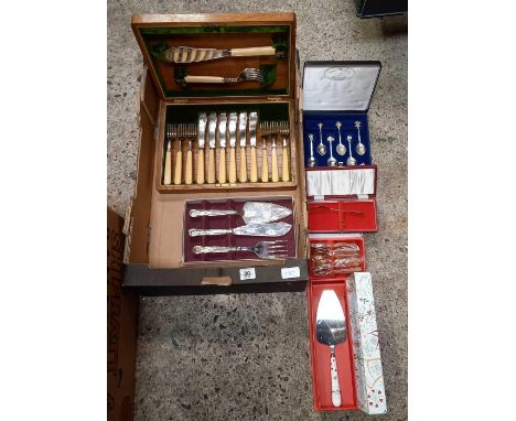 CARTON WITH CASED FISH SERVER SET, PORTMEIRION CAKE TROWEL, BRASS TEASPOON SET &amp; ROYAL WEDDING JULY 29 1981 TEASPOON SET