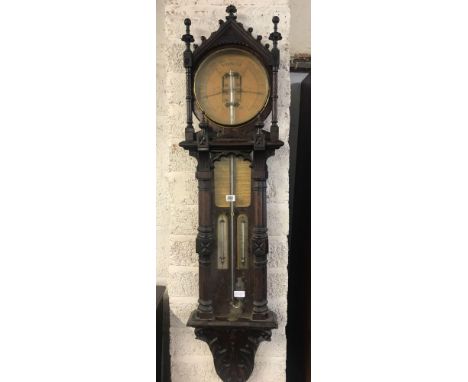 CARVED OAK ROYAL POLYTECHNIC BAROMETER, LABELLED WIMBLEDON 1881 WITH 2 THERMOMETERS (collections only for this item)