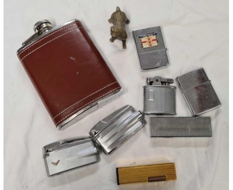 TIN OF CIGARETTE LIGHTERS INCL; ZIPPO, RONSON, A STAINLESS STEEL HIP FLASK &amp; METAL DOG 