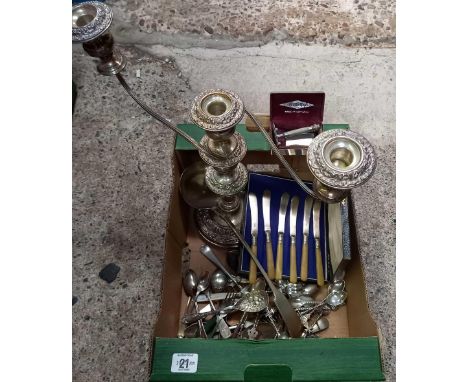 CARTON WITH MISC SPOONS, TEASPOONS, A GILLETTE RAZOR IN BOX &amp; 3 BRANCH CANDELABRA &amp; SOUP LADLE 
