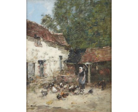 Eugène Boudin (French, 1824–1898)La Provende des PoulesSigned, located and dated 'E. Boudin/Fervaques 76' bottom left, oil on