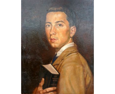 Douglas Ayers (20th century, British) Portrait of a Young Man with Book, oil on board, further portrait on reverse, 61 x 48cm