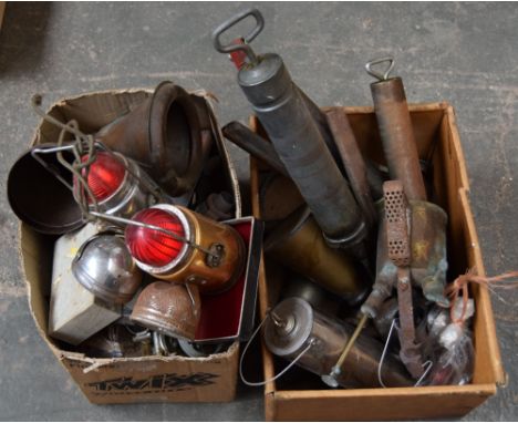 Two boxes of vintage metal tools including a number of oil siphons