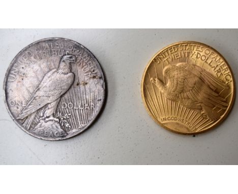 A 22ct American 1925 'Saint-Gaudens' 20 dollar coin with a flying eagle on the reverse, 1.18oz, together with a silver 'Peace