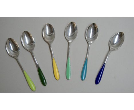 A set of six silver plated teapsoons with enamel painted stems in various colours