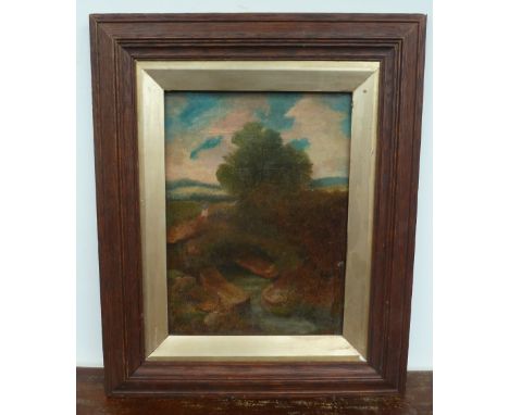 A 20th Century painting of a girl on a bridge over a river, oil on panel, framed, 34 x 26cm