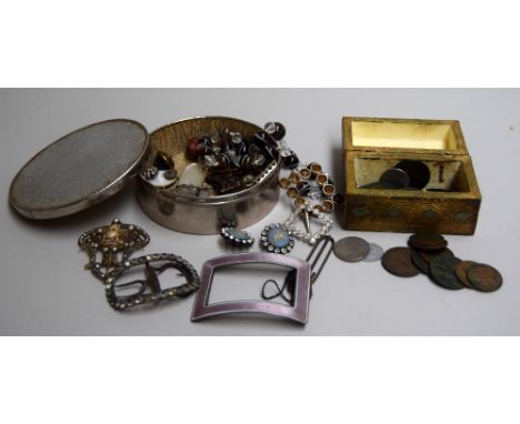 A mixed lot to include an imported silver belt buckle, together with several other paste buckles, a pair of jasperware style 