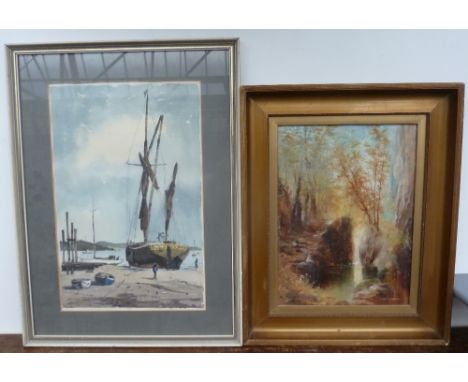 Three pictues including a view of Scarborough harbour, a framed portrait of a man and a view in a forest by a river