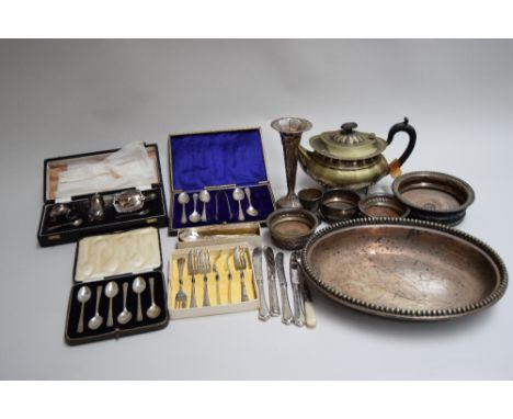 A quantity of silver and silver plated items, including a set of four silver plated and silver gilt open salts and spoons, a 