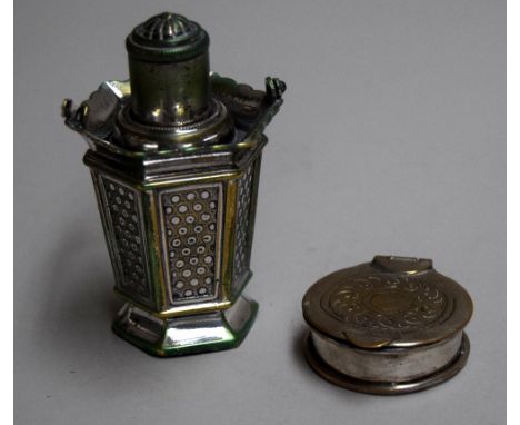 A white metal lighter in the shape of a lantern, possibly of Indian origin, together with a small circular trinket box with e
