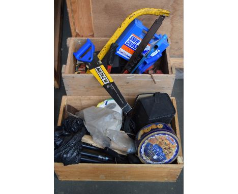 A mixed lot of tools and other items, to include a handsaw, a quantity of pins and lightbulbs, a soldering iron, snow chains,