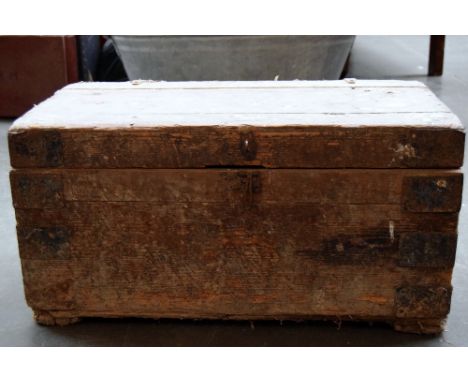 A wooden trunk with metal bracings, 60 x 32 x 31cm