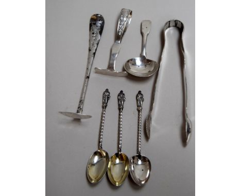 A collection of silver items: a set of silver apostle spoons, George Unite, Birmingham 1890, a child's food pusher, Levi & Sa