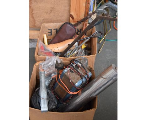 Two boxes of tools and other items, including oil cans, handsaws, rulers, pliers and wooden shoe trees, amongst other items