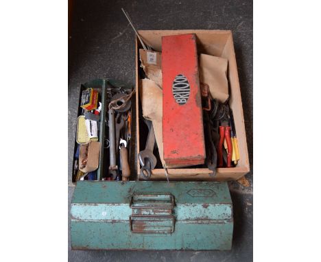 A large quantity of vintage metal tools, some in a red Britool box